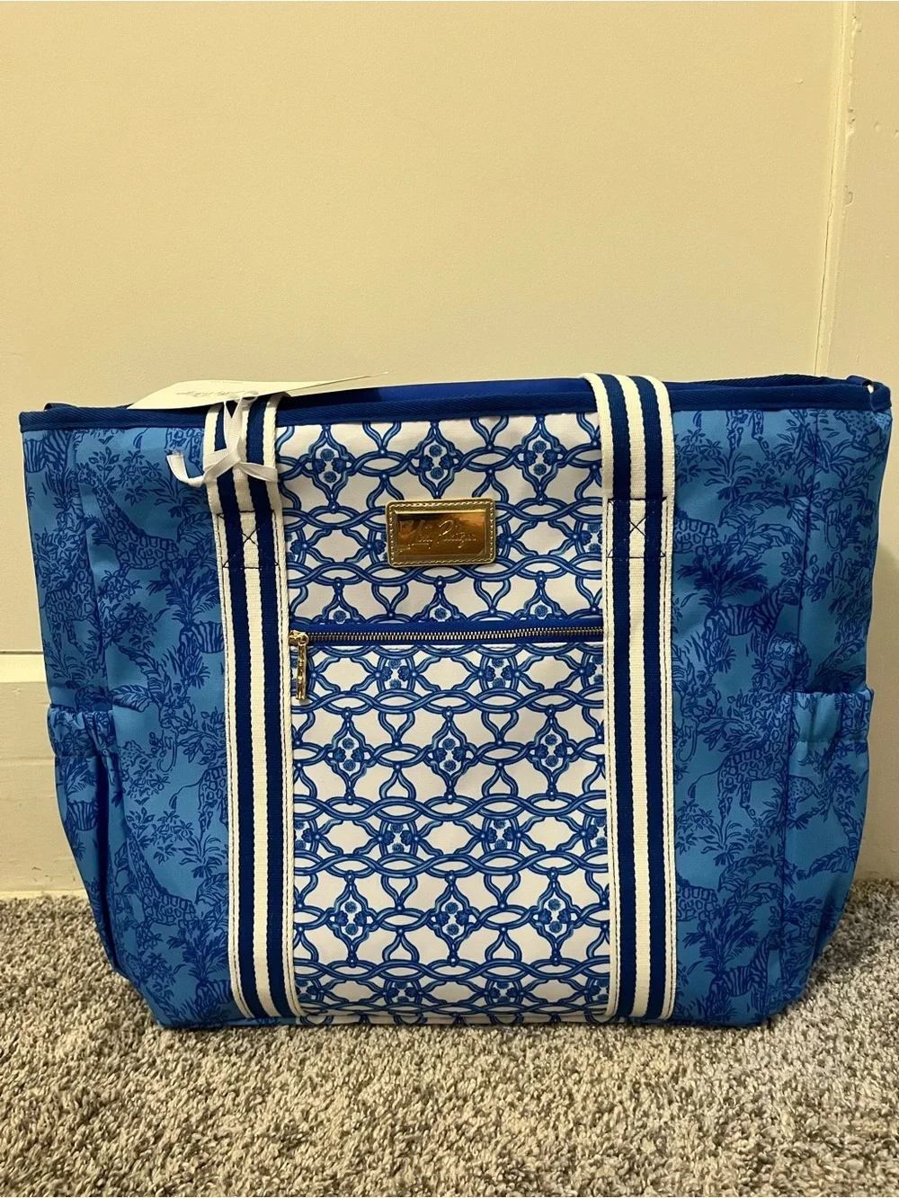 Lilly Pulitzer Blue and White Patterned Tote with Detachable Pouch & Strap